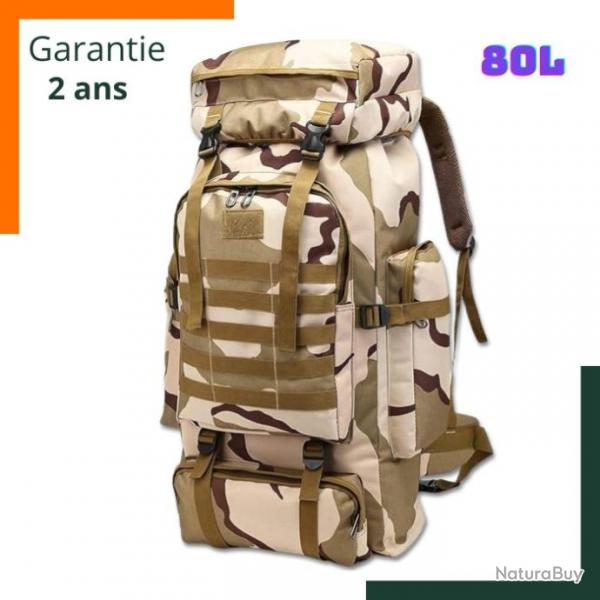 Sac  dos tactique 80 L - Grande capacit - Impermable - Camouflage dsert 2 - Garantie 2 ans