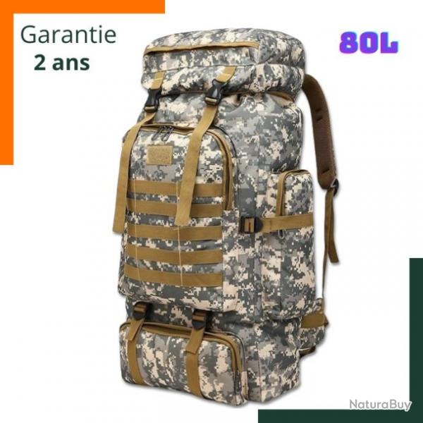 Sac  dos tactique 80 L - Grande capacit - Impermable - Camouflage gris - Garantie 2 ans