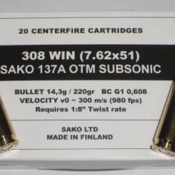 boite de 20 cartouches calibre 308  OTM sako subsonic 220 grs
