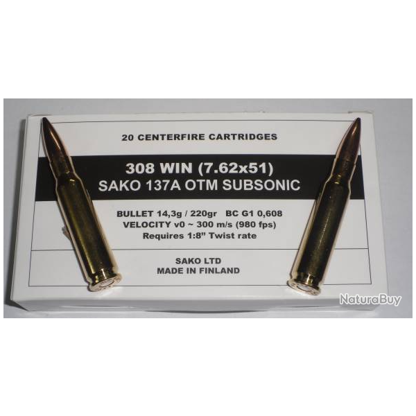 boite de 20 cartouches calibre 308  OTM sako subsonic 220 grs