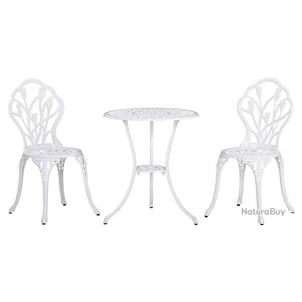 Salon de Jardin Imitation Fer Forg Blanc - Chaises - Table Ronde Fonte d'Aluminium