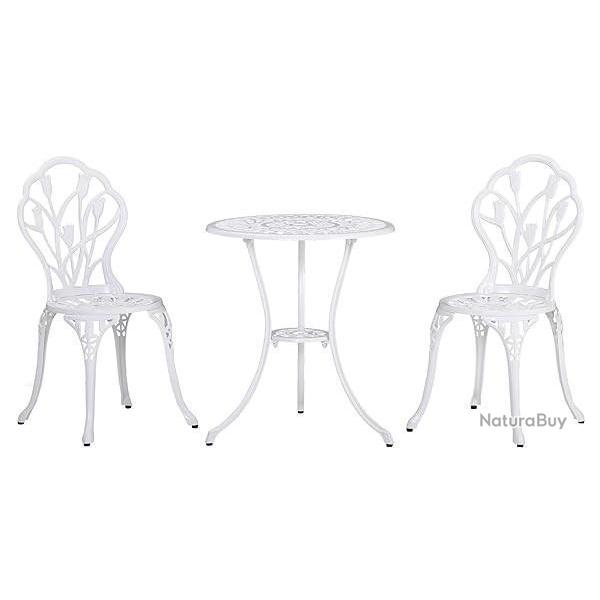 Salon de Jardin Imitation Fer Forg Blanc - Chaises - Table Ronde Fonte d'Aluminium