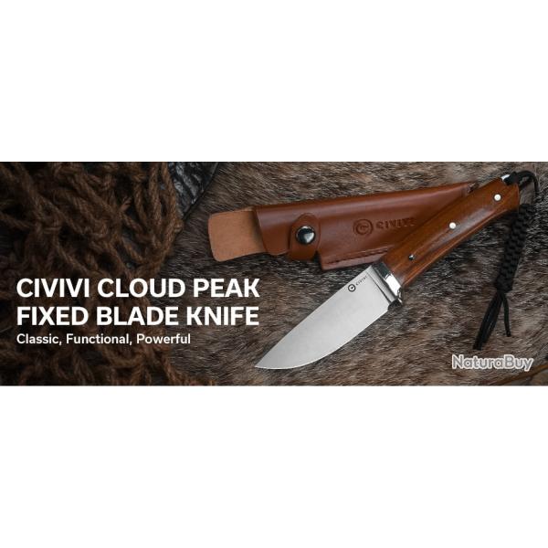 Couteau CIVIVI Cloud Peak Wood Manche Guibourtia Lame Drop Point Acier Nitro-V Etui Cuir CIVC230442