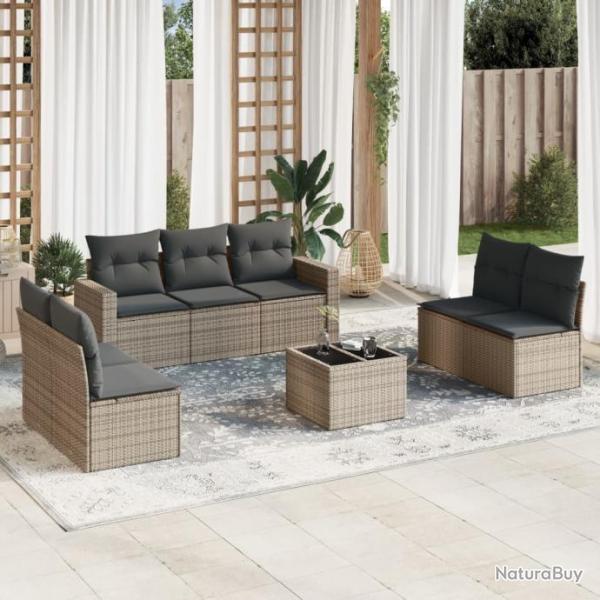 Salon de jardin 8 pcs avec coussins gris rsine tresse