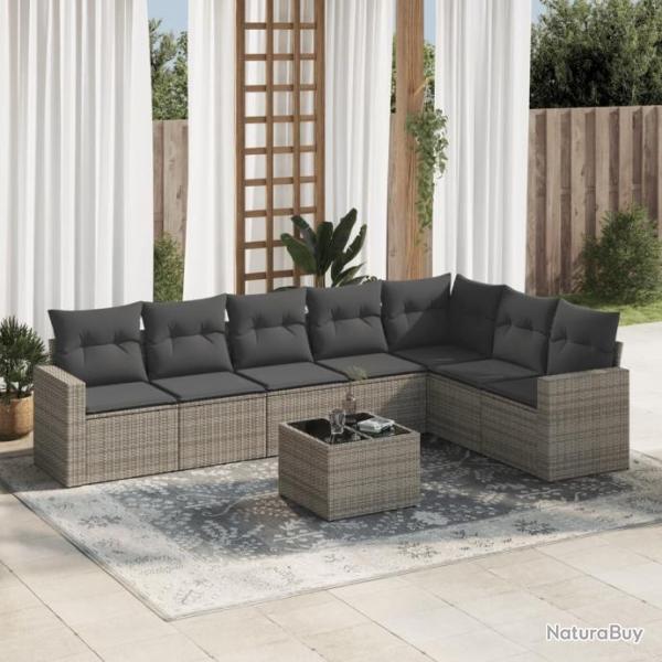 Salon de jardin 8 pcs avec coussins gris rsine tresse