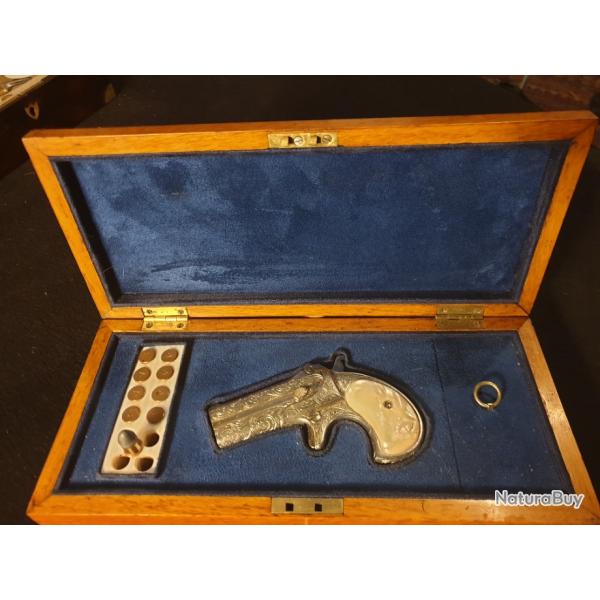 Magnifique "Derringer 95" en coffret d'poque ou double Derringer, argent, grav, calibre 41 RF.