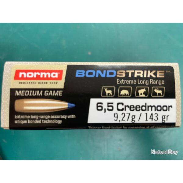 NORMA CAL 6.5 CREEDMOOR BONDSTRIKE 9.2G  BTE DE 20 BALLES( VENDU PAR 2 BOITES)FRAIS DE PORT OFFERT