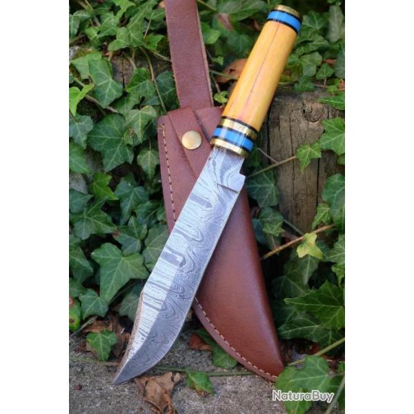 Puukko XXL Couteau Damas Lame 256 Couches Lame Bowie Manche Os Fabrication Artisanale Etui Cuir