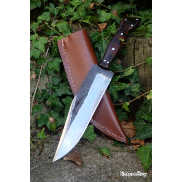 Buchcraft Gros Couteau De Chasse Bowie Lame Acier Carbone 1075 Etui Cuir Manche Bois Fab Artisanale