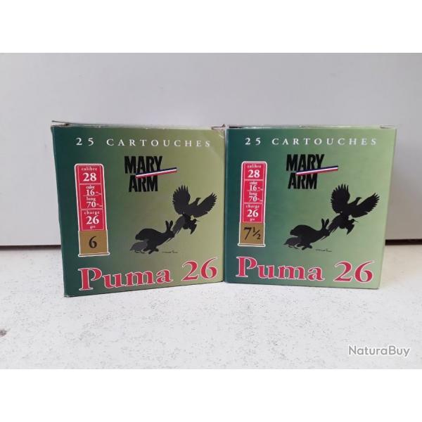 7006B  LOT DE 50 CARTOUCHES MARY ARM PUMA 26 CAL28 26G BOURRE JUPE NEUF