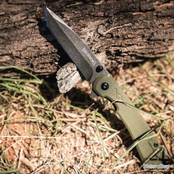 Couteau Browning Branded Rock OD Green Manche G10 Lame Tanto Acier 7Cr17MoV Framelock Clip BR0507 -