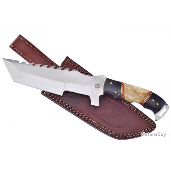 Couteau Frost Cutlery Trakker Knight Guard Lame Tanto Acier Inox Manche Corne/Os Etui Cuir FCW640BH