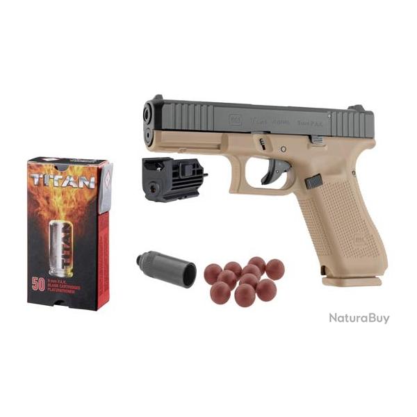 Pack Laser Dfense Pistolet Glock 17 Gen5 Coyote - Calibre 9mm PAK + 50 Munitions + Embout Self-Gomm