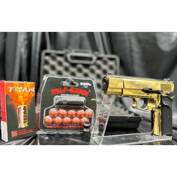 Pack dfense pistolet + munitions + embout "SELF-GOMM"-"Browning GPDA" calibre 9MM PAK - GOLD