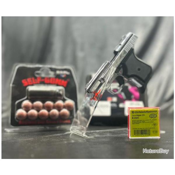 Pack dfense Pistolet TUNA Chrome 8mm PAK + 10 Munitions CS + Embout Self Gomme