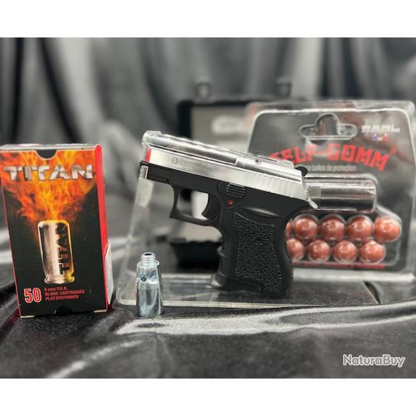 Pistolet BOTAN Chrome 9MM PAK + 50 Munitions + Embout Self Gomme