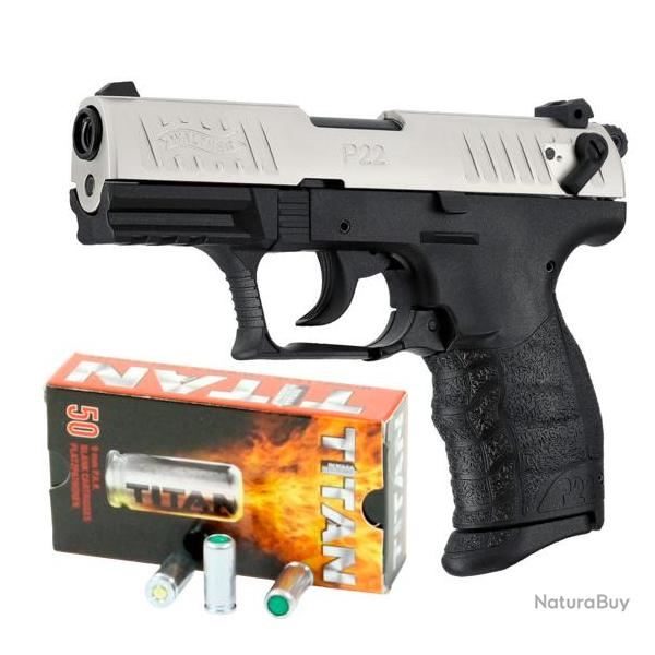 PACK PISTOLET WALTHER P22Q CALIBRE 9MM PAK + MUNITIONS - NICKELE