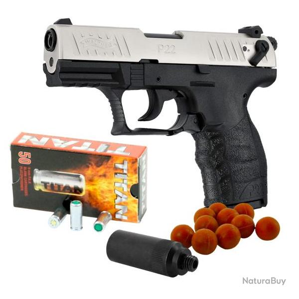 Pack dfense "PISTOLET WALTHER P22Q" CALIBRE 9MM PAK + MUNITIONS - NICKELE