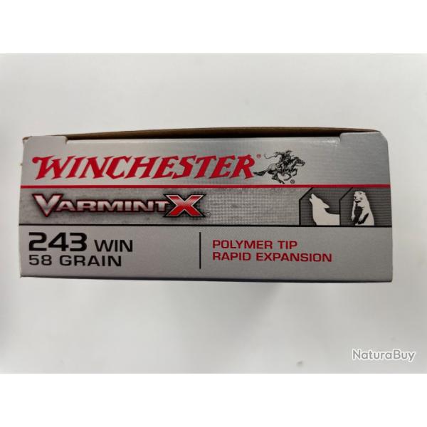 WINCHESTER CAL 243 WIN 58GR VARMINT BOITE DE 20 BALLES(VENDU PAR 2 BTES)