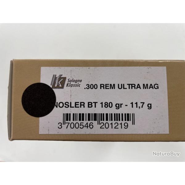 SOLOGNE 300 REM ULTRA MAGNUM NOSLER BT 11.7G BOITE DE 20 BALLES(VENDU PAR 2 BOITES)