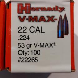 Ogives HORNADY .224 53grs V-MAX - 22265 - Boite de 100 unités