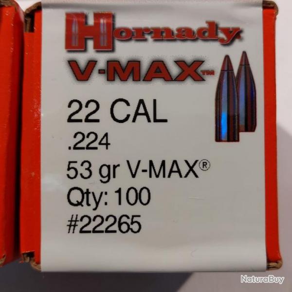 Ogives HORNADY .224 53grs V-MAX - 22265 - Boite de 100 units