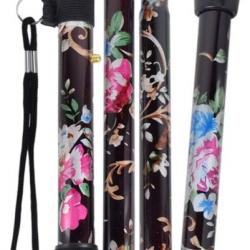 Bâton De Marche Compact Pliable Et Léger Motif Floral Noir Réglable 84-95 cm