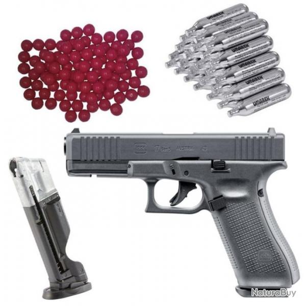 GLOCK 17 Gen5 T4E RAM Pistolet Paintball cal.43 + 30x Balles en nylon cal.43 & 20x Capsules de CO2 (