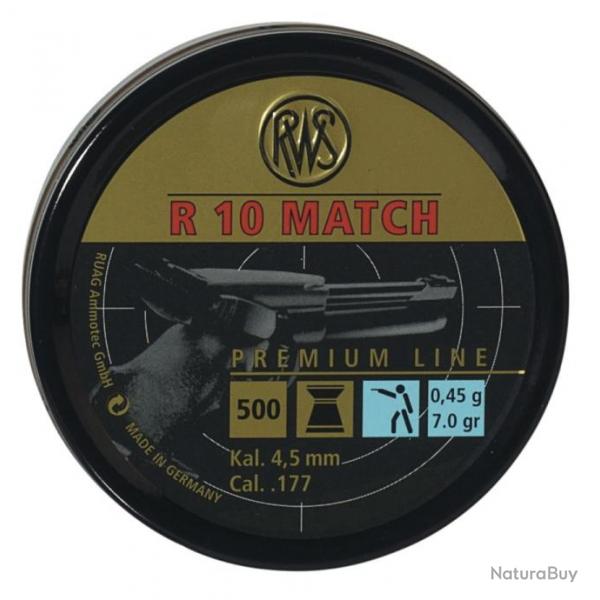 Boite de 500 plombs RWS R 10 Match Calibre 4,5 mm Poids: 0.45 g Diamtre: 4,50 mm