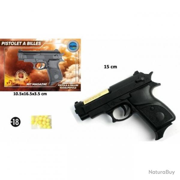 Pistolet billes joules : 0,4 Taille article : 15 cms Taille bote : 10,5 x 16,5