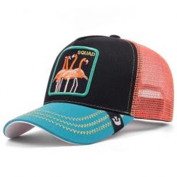 Casquette baseball arrière ouvert avec patch animal - Flamand rose noir bleu