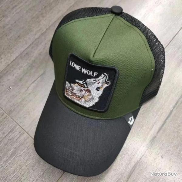 Casquette baseball arrire ouvert avec patch animal - Loup noir vert