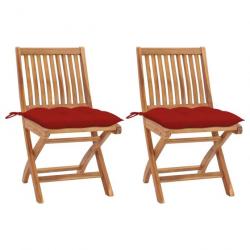 Chaises de jardin 2 pcs avec coussins rouge Bois de teck massif