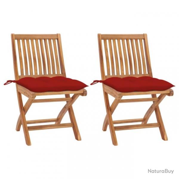 Chaises de jardin 2 pcs avec coussins rouge Bois de teck massif