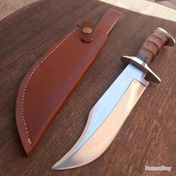 Grand Couteau BOWIE Manche en Bois Ergonomique avec Fourreau en cuir