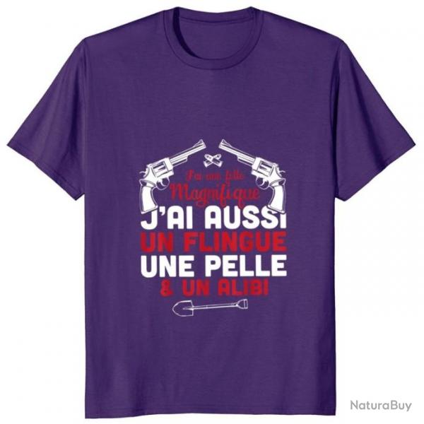 T-shirt homme "J'ai une fille magnifique, j'ai aussi un flingue une pelle et un alibi" - Violet