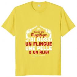 T-shirt homme "J'ai une fille magnifique, j'ai aussi un flingue une pelle et un alibi" - Jaune