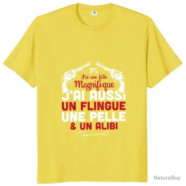 T-shirt homme "J'ai une fille magnifique, j'ai aussi un flingue une pelle et un alibi" - Jaune