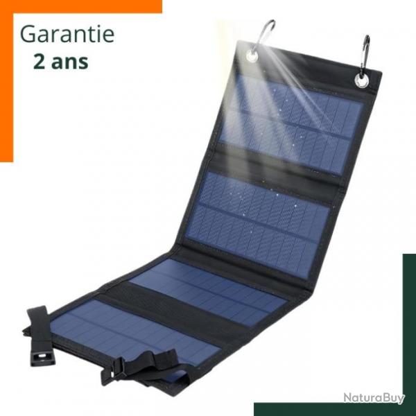 Chargeur avec panneau solaire pliable - 2 x port USB - Noir - Transportable - Garantie 2 ans