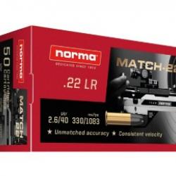 Munitions NORMA match-22 cal.22lr 2.6g 40gr par 50