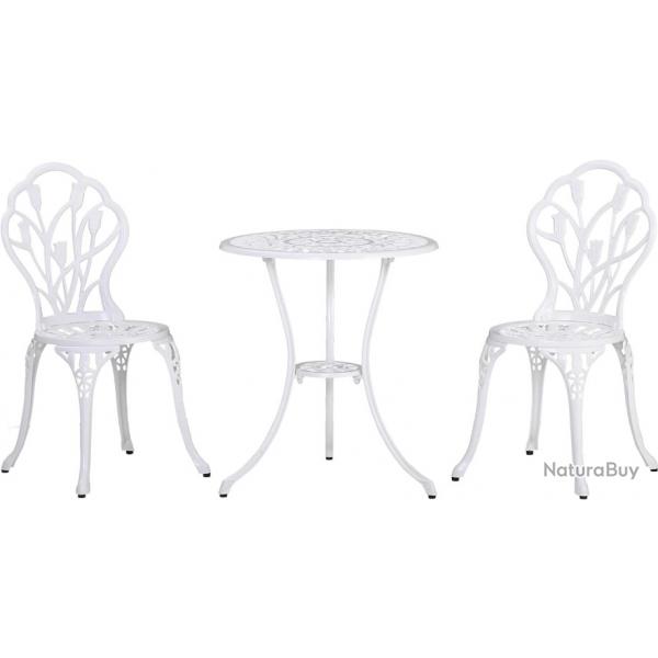 Salon de Jardin Imitation Fer Forg Blanc - Chaises - Table Ronde Fonte d'Aluminium