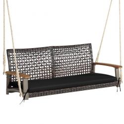 Banc suspendu de jardin en rotin 2 place accoudoirs en bois d'acacia cadre en métal coussin cordes