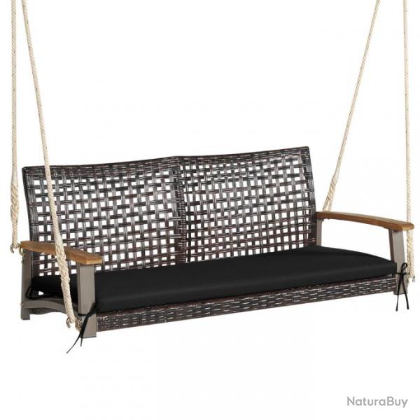 Banc suspendu de jardin en rotin 2 place accoudoirs en bois d'acacia cadre en mtal coussin cordes