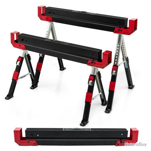 Lot de 2 tréteaux métalliques pieds antidérapants hauteur a justable 61,5 à 82,7 cm noir et rouge 2