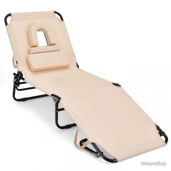 Chaise longue transat de bronzage pliante face vers le bas de plage avec trou pour le visage transa