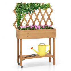 Lit de jardin surélevé en bois avec treillis etagère de rangement jardinière surélevée avec roues v