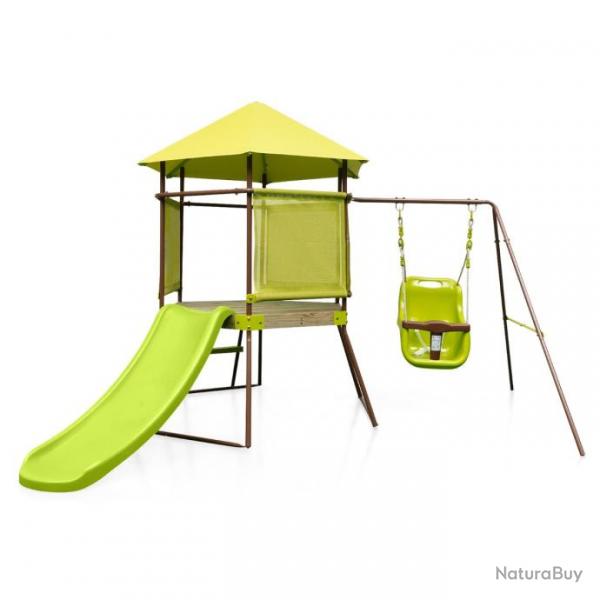 Portique de balanoire 4 en 1 pour enfants aire de jeu en mtal avec cabane couverte sige bb rg