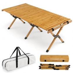 Table de camping pliante en bambou à latte enroulable avec sac de transport charge max 50 kg 122 x