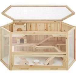 Cage à lapin hamster cochon d'indes petits rongeurs en bois plusieurs étages toit amovible accessoi