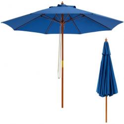 Parasol de jardin pliable 2,9 m avec mécanisme de poulie à corde poteau en bois 8 baleines en fibre